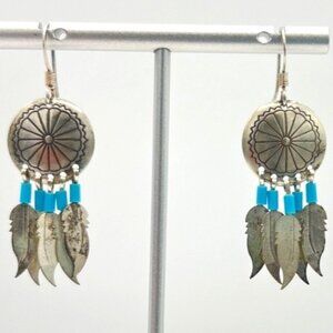 SW Style Silver Earrings Dangle Concho Feathers Dreamcatcher Blue Bead Accents